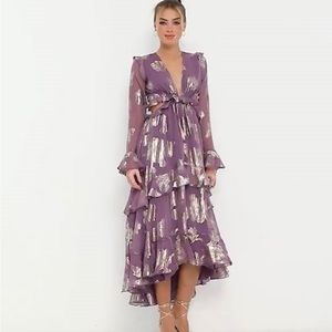 ASOS DESIGN ruffle floral jacquard midi dress with tiered skirt in mauve💜